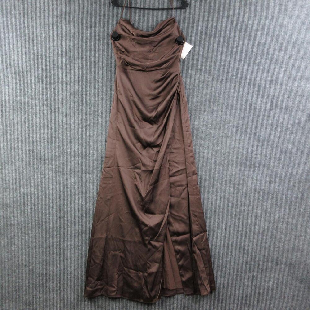 Birdy Grey Dress Womens S Brown Cowl Neck Slip Maxi Ruched Satin Lydia NWT